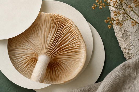 Macro study of mushroom gills with layered ivory paper circles and a sage green background