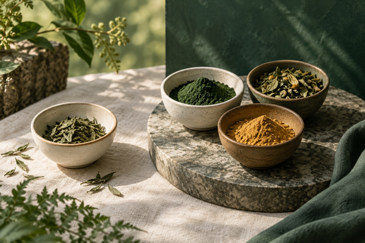One small ceramic bowl beside three small bowls of different botanical powders and dried leaves