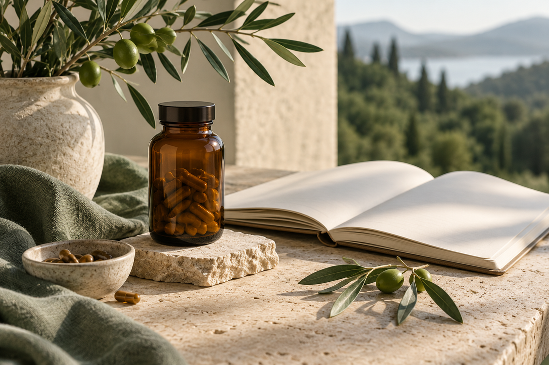One unbranded amber supplement bottle beside an open blank notebook and olive branch