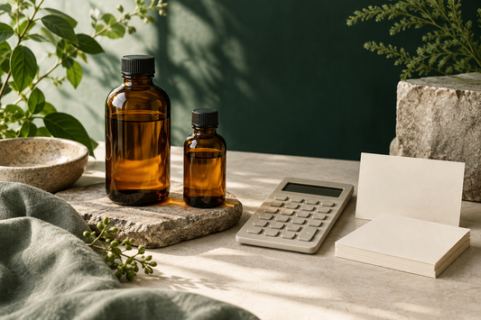 Two unbranded amber bottles of different sizes beside a simple calculator and blank cream cards