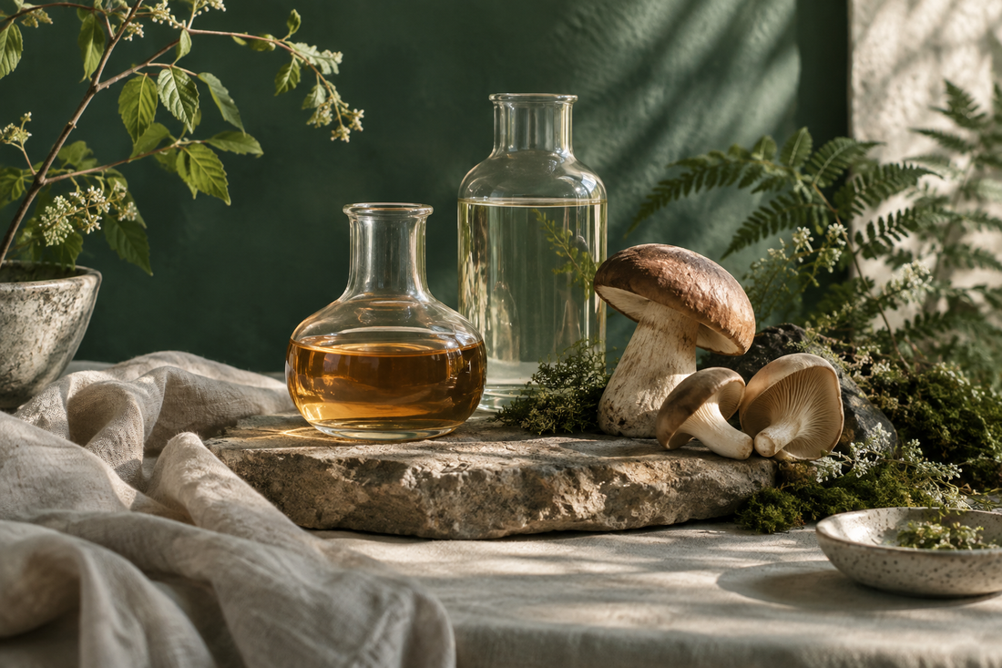 Two clear glass vessels with amber and water-toned liquids beside mushrooms
