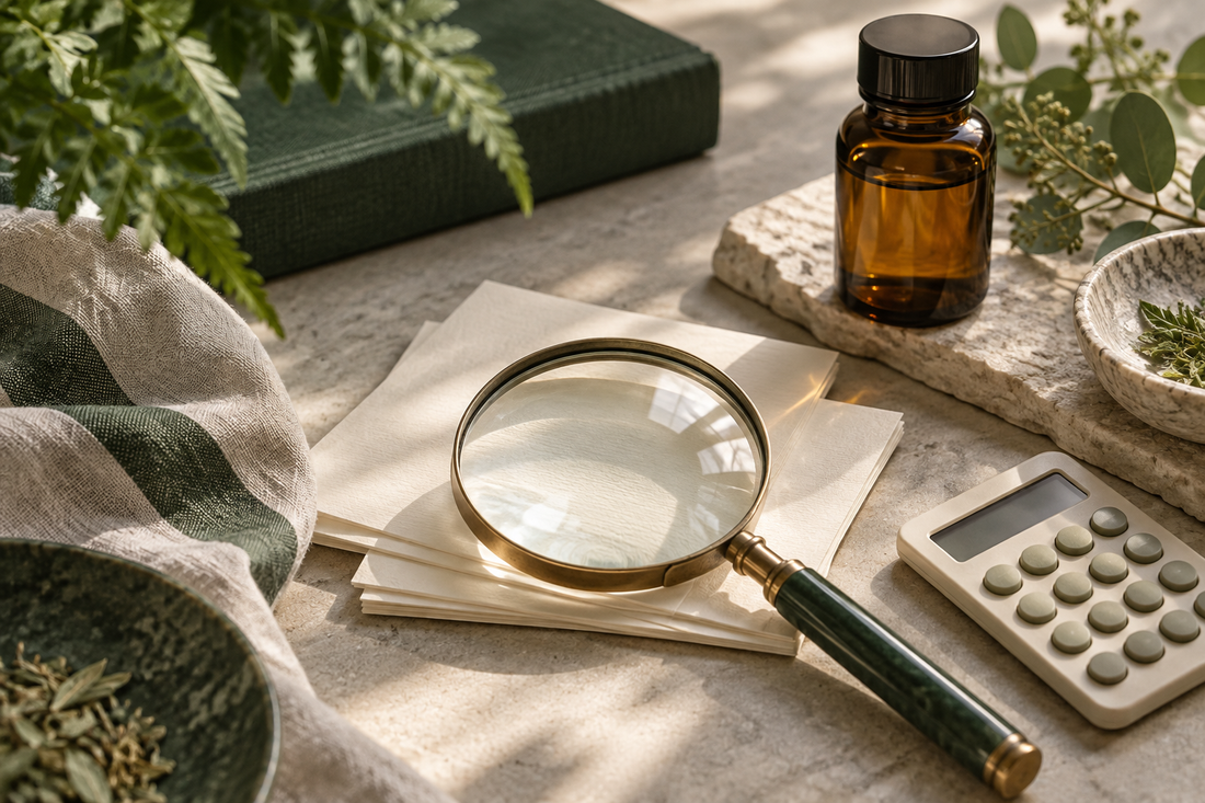 A magnifying glass over blank ivory cards alongside an unbranded amber bottle and small calculator