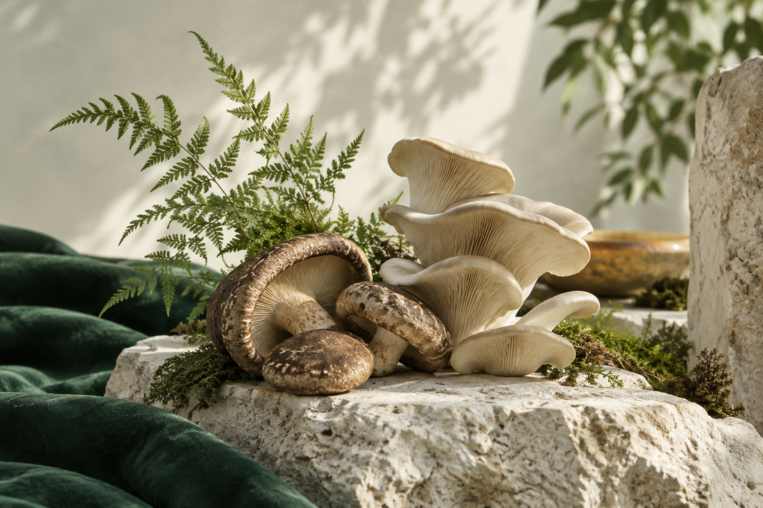 Editorial still life of mushrooms and fern on limestone