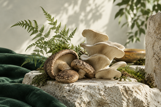 Editorial still life of mushrooms and fern on limestone