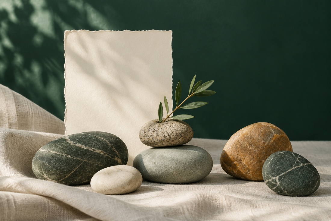 Six smooth natural stones in a careful arrangement