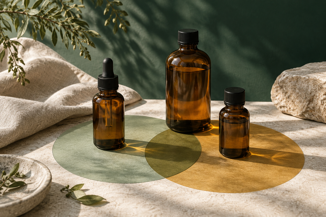 Three unbranded amber bottles on overlapping translucent sage and ochre paper circles