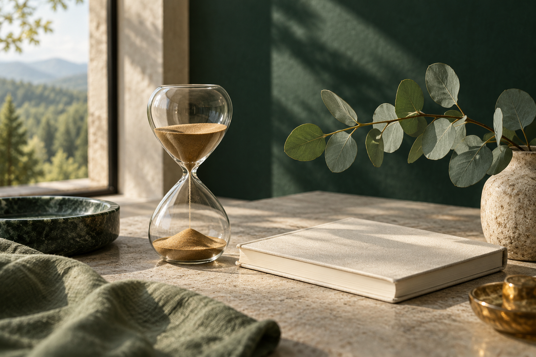 A minimal hourglass beside a closed cream notebook and eucalyptus branch
