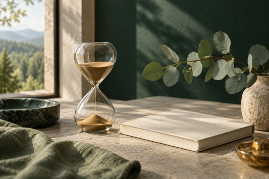 A minimal hourglass beside a closed cream notebook and eucalyptus branch